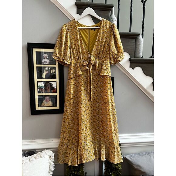 Lulus Yellow Tie Front Ruffle Daisy Print Midi Dress sz S EUC - Picture 1 of 7